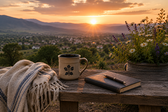 Sun setting beyond distant mountains and a quiet neighborhood, with a journal, warm drink, blanket, and wildflowers on a wooden table in the foreground.