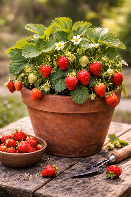 strawberries in a pot on a bench with a bowl of strawberries nearby