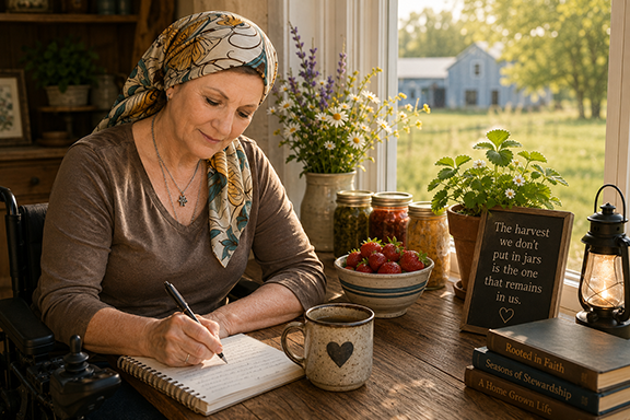 Woman wearing a patterned head covering sits in her power wheelchair writing in a notebook at a sunlit wooden table, surrounded by strawberries, flowers, and homestead preserves.