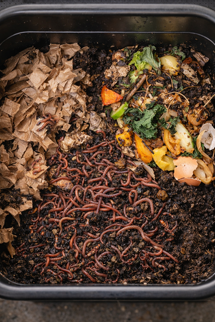 A view inside a worm bin showing soil, compost and worms