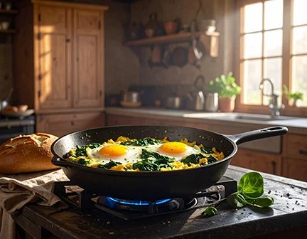 fried eggs and spinach in a pan on a stove