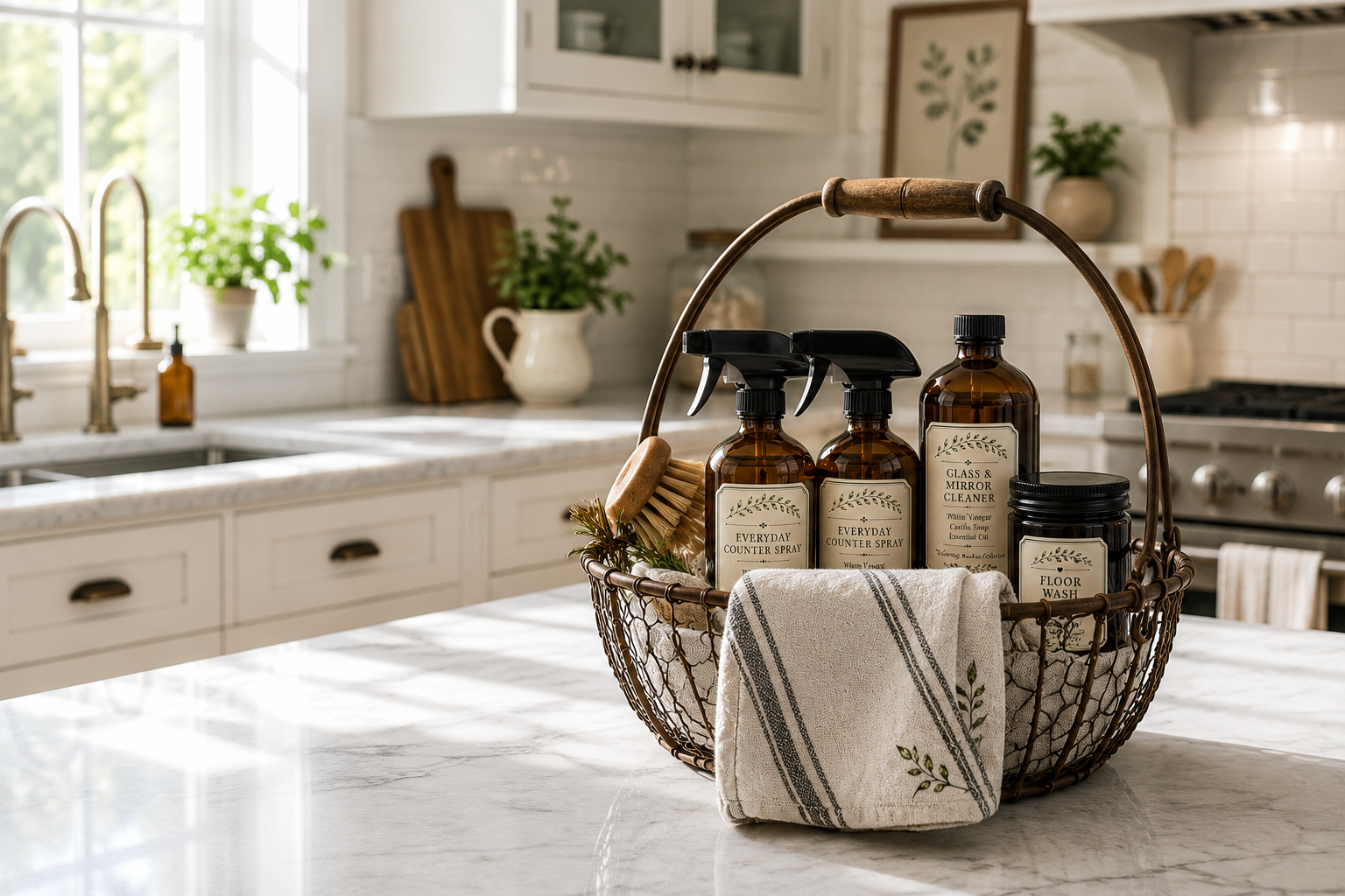 Wire handled basket filled with homemade non-toxic cleaning supplies in a sparkling clean cottage kitchen.