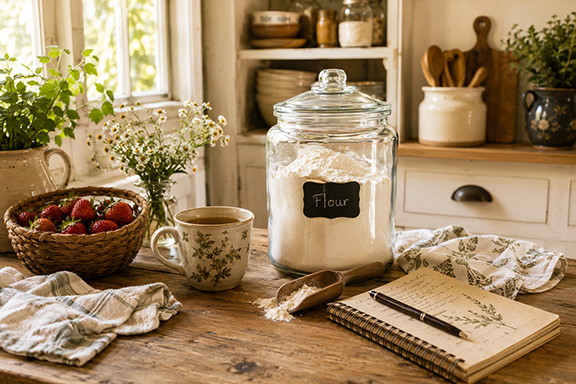 Sunlit cottage kitchen with a glass flour jar, fresh strawberries, a notebook, and tea, illustrating simple daily homestead stewardship.