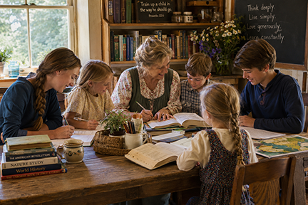 A homeschooling mother and children gather around a large wooden table for lessons, books, maps, and discussion in a warm home learning environment.