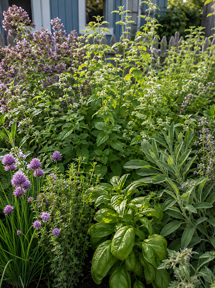 Lush summer herb garden with flowering lemon balm, chives, basil, thyme, sage, rosemary, and other herbs growing together.