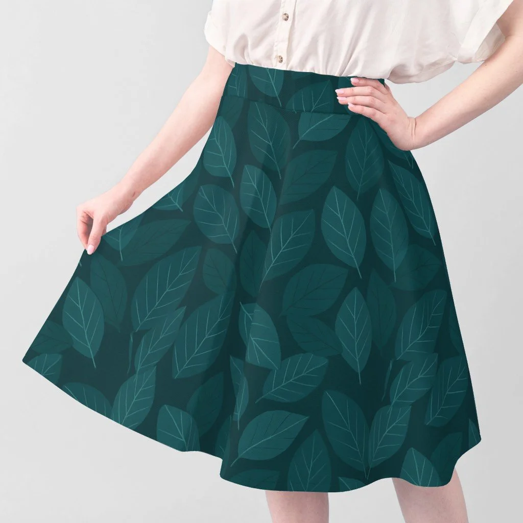 Deep Teal Tone-on-Tone Leaves Skirt.jpeg
