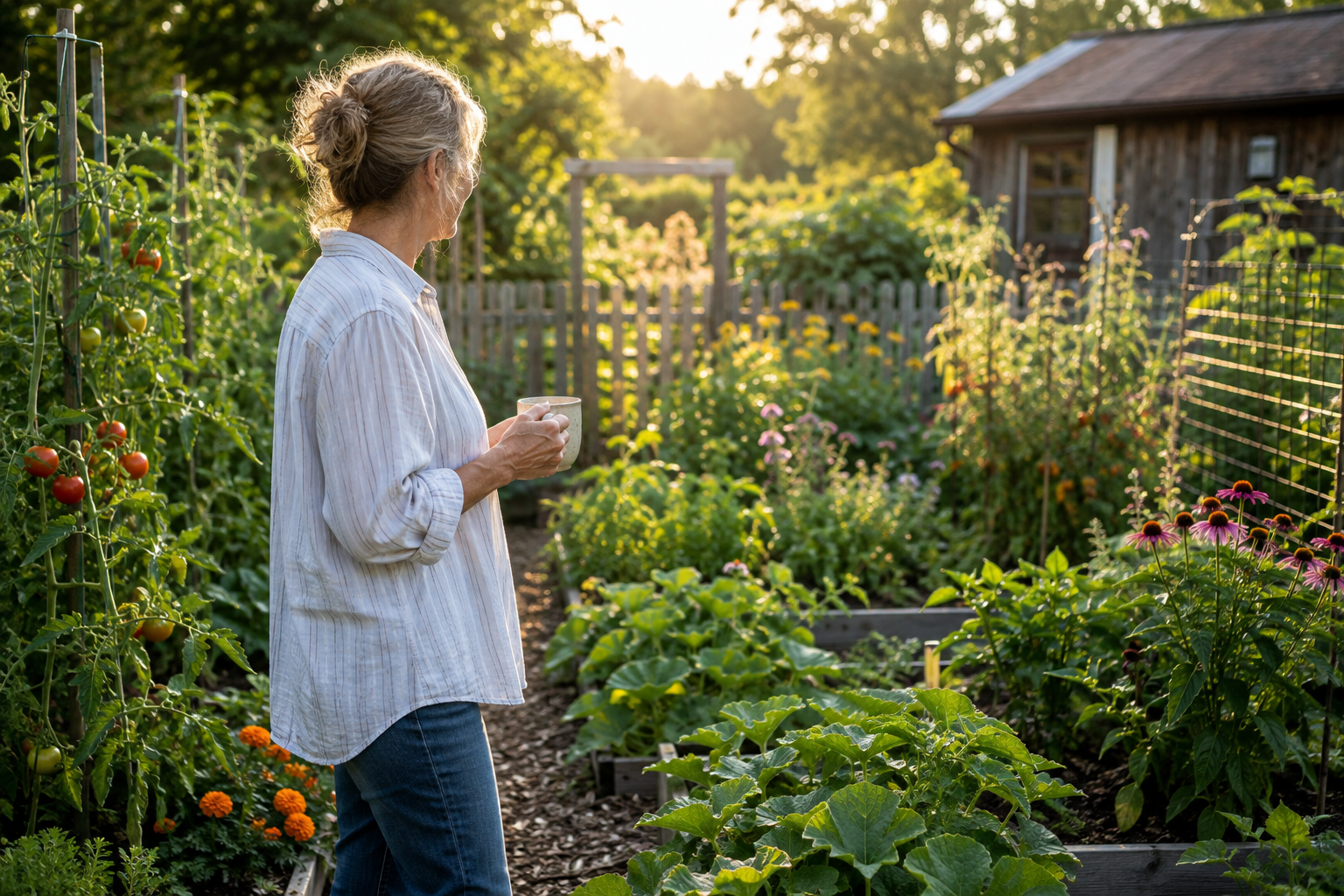 Woman pauses with a cup during a five-minute garden walk, observing tomatoes, vegetables, herbs, and flowers in the warm morning light.
