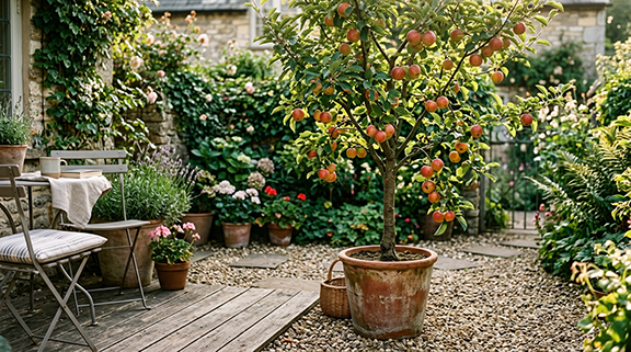 potted apple tree on a small patio garden