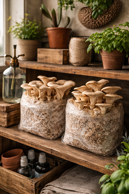 Grow Bags of Mushrooms on a sunny shelf
