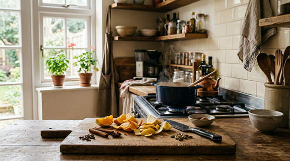Oranges, cinnamon sticks, lemons, and cloves cut up on a cutting board in a country kitchen