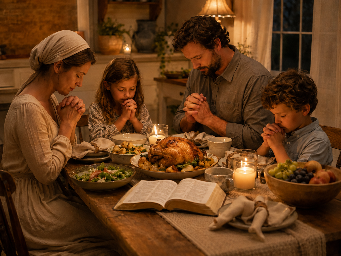 young family of four praying over dinner