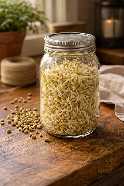 a jar of sprouted mung beans on a rustic table