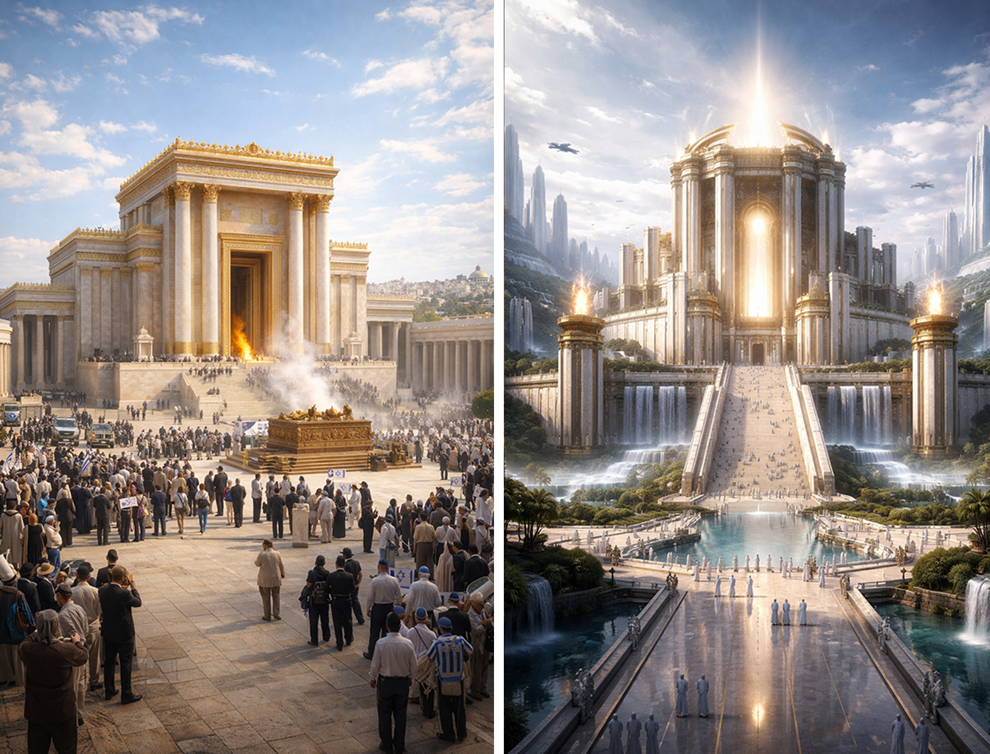 Two Temple images: one of a Temple built sometime in the future and the other the Temple depicted in the Revelation of Jesus in the Bible