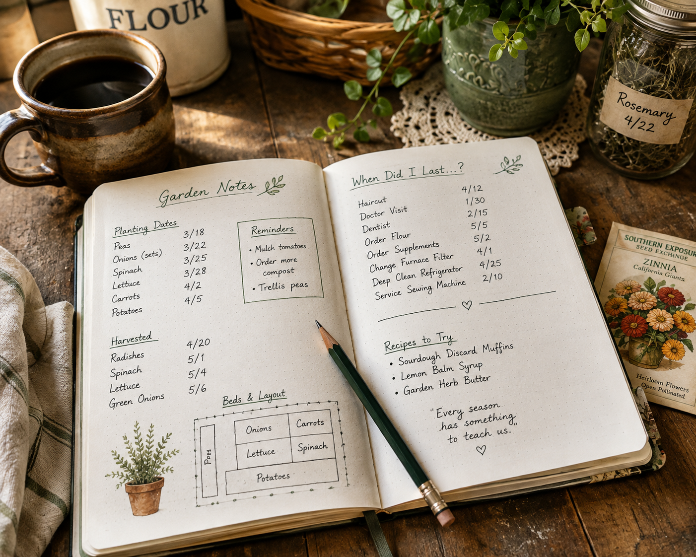 Open homestead notebook on a wooden kitchen table with garden records, household notes, dates, seed packets, pencil, and coffee.