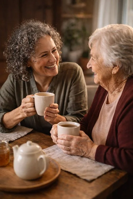 Two women sharing a conversation over tea