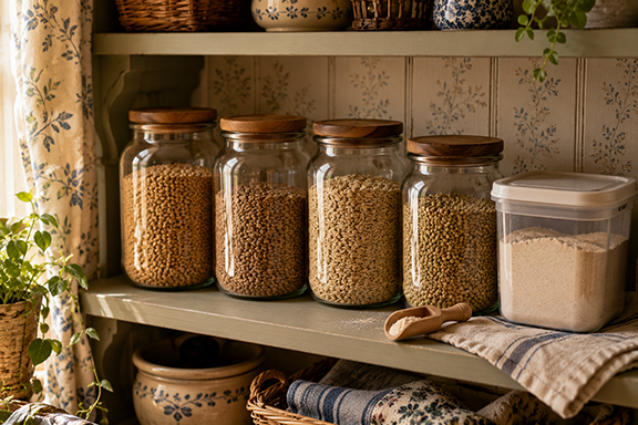 Glass jars of whole grains and a container of fresh flour stored on a tidy pantry shelf in a warm kitchen.