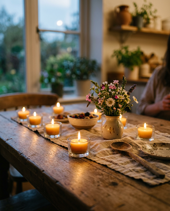 tealights on a rustic table that is covered with a linen table runner, with a small pot of wildflowers in the center