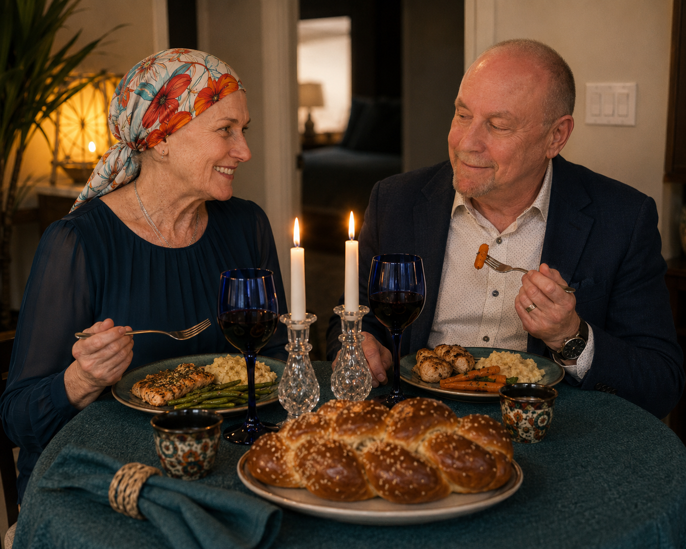 Suzi and Jeff share a candlelit Shabbat meal at their round table, with challah, wine, and two glowing Sabbath candles between them.