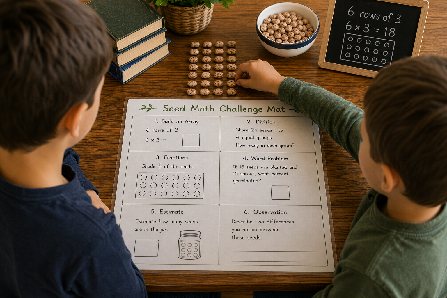 Two children use beans and a Seed Math Challenge Mat to explore multiplication arrays, division, fractions, estimation, and problem solving.