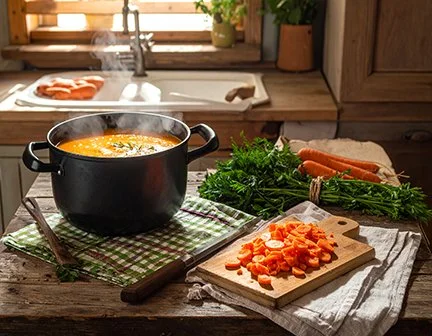 carrots on a cutting board next to a pot of carrot soup