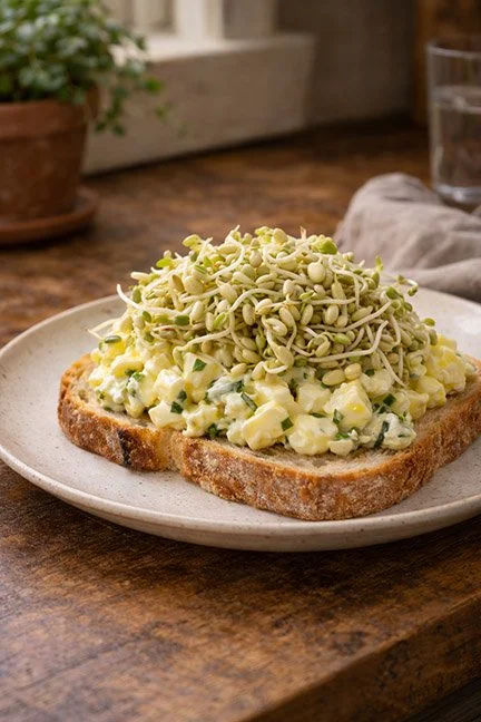 Egg salad sandwich with sprouts on sourdough bread on a plate