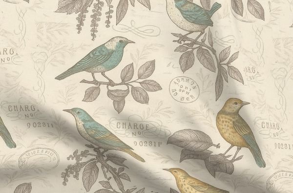 hand drawn birds on branches with handwriting and postal stamps fabric