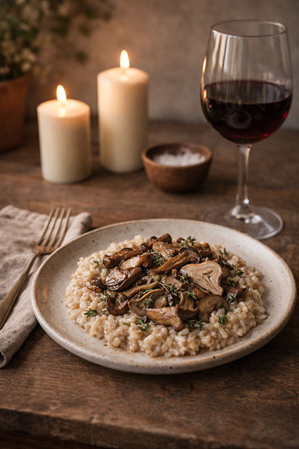 Dinner setting on rustic table with wine, candles, plate of mushroom risotto