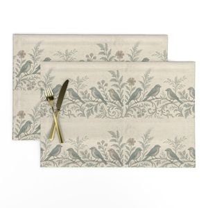 Hand drawn birds and florals on placemats