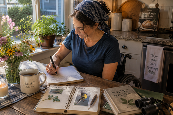 A woman in a wheelchair sits at her kitchen table writing in a journal beside a nature notebook, Bible, and fresh flowers as morning light fills the room, reflecting on God's work through ordinary days.