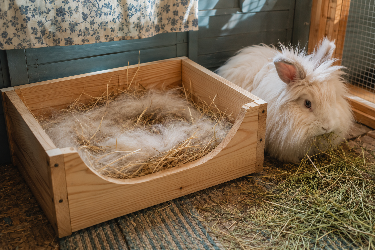 An Angora Rabbit doe rests beside her kindling (next) box where tiny kits are snuggled up onder wool and stray.