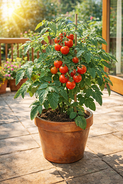 a tomato plant in a clay pot on a suntil patio