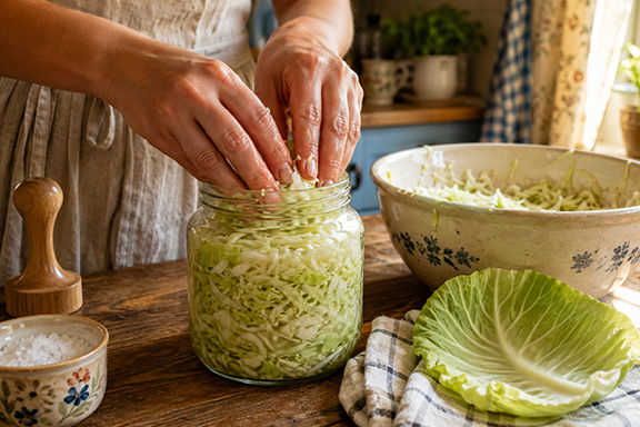 two hands packing shredded cabbage into a jar with a bowl  of cabbage and an outer leaf on the table nearby