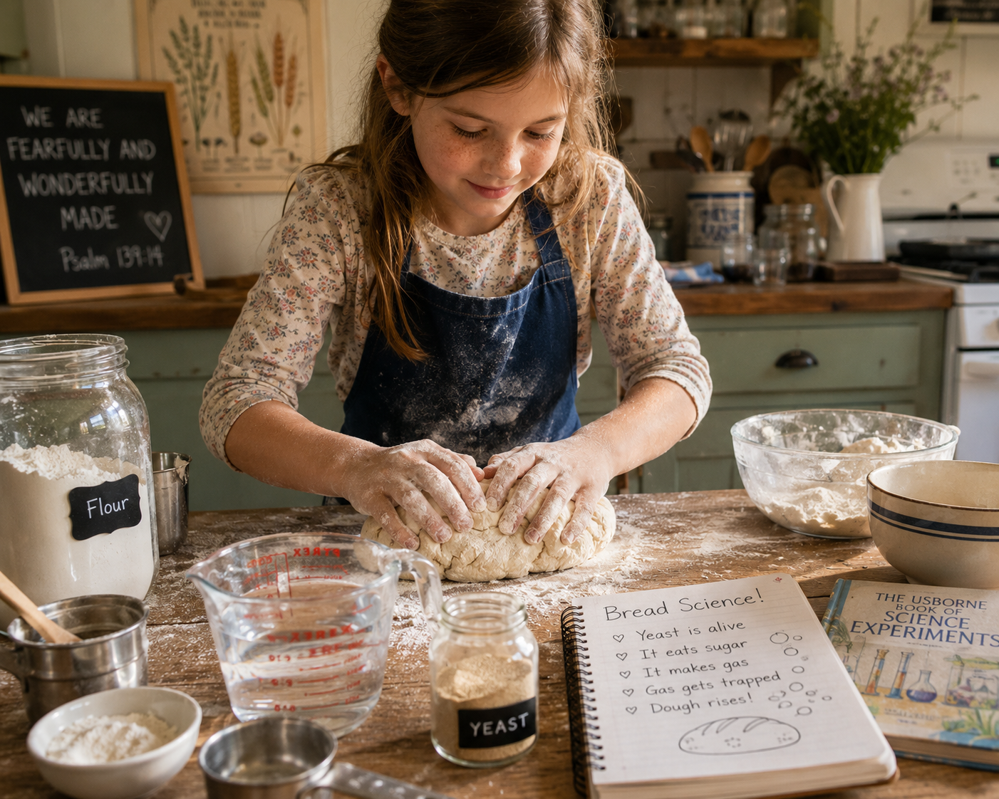A young girl is kneading a loaf of homemade bread dough on a table covered with flour and the equipment needed to made bread