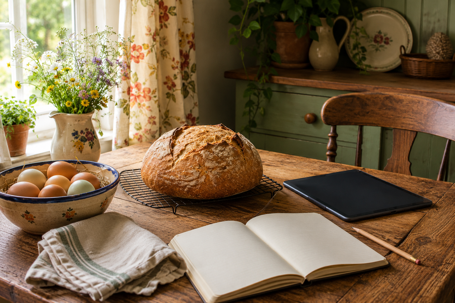 Fresh loaf of bread cooling on a homestead kitchen table beside eggs, a blank notebook, pencil, and tablet.
