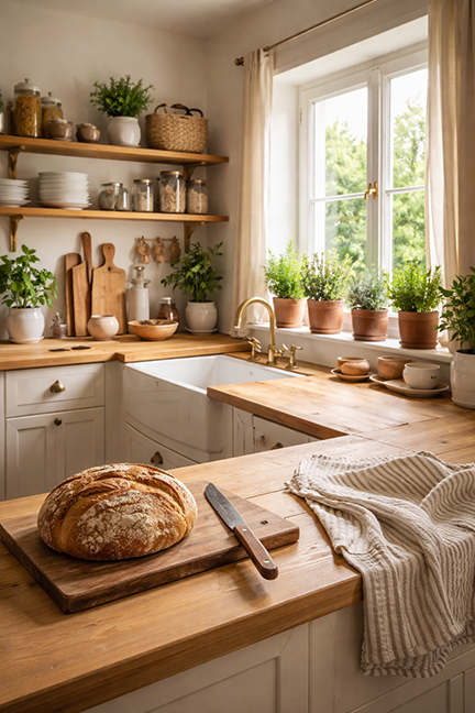 An orderly kitchen with open shelving and a loaf of bread, a knife, and a dish towel on a counter