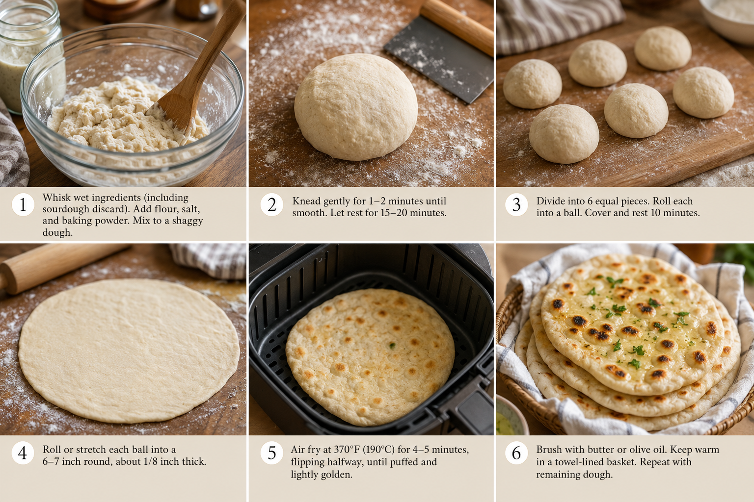 a collage showing 6 steps in making sourdough flatbreads in an air fryer