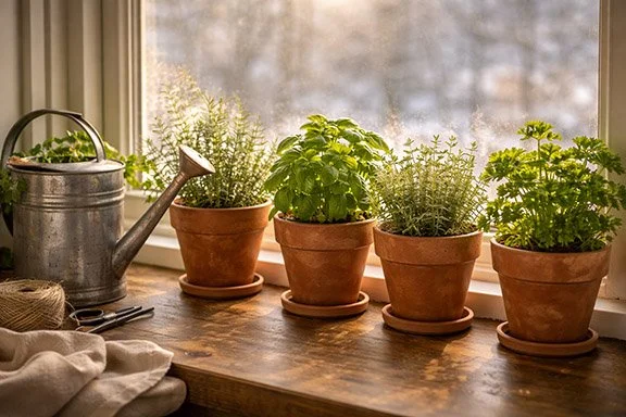 four potted herbs on a windowsill with a watering can