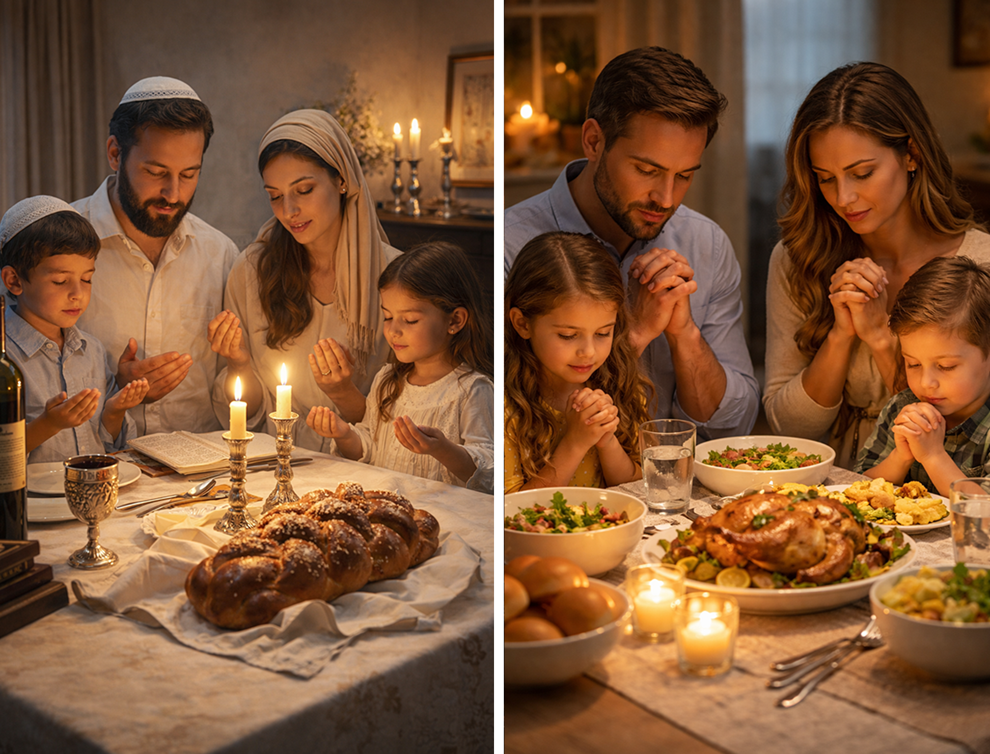 Two images: A Jewish family saying Shabbat prayers and a Christian family praying together before a meal