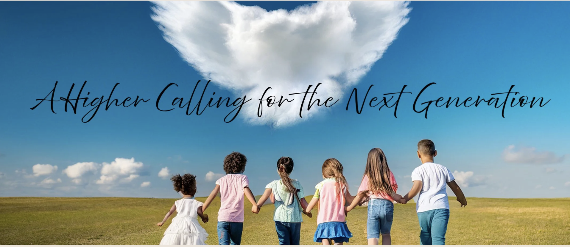 Children running and holding hands under a blue sky and clouds