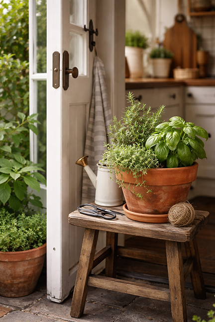 herbs in a pot on a bench near the kitchen door