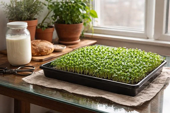 A tray of microgreens, potted herbs, a jar of milk and a loaf of sourdough bread on a glass top table by a window