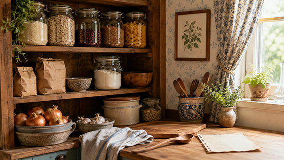 a small kitchen with an open-shelf pantry near a window.