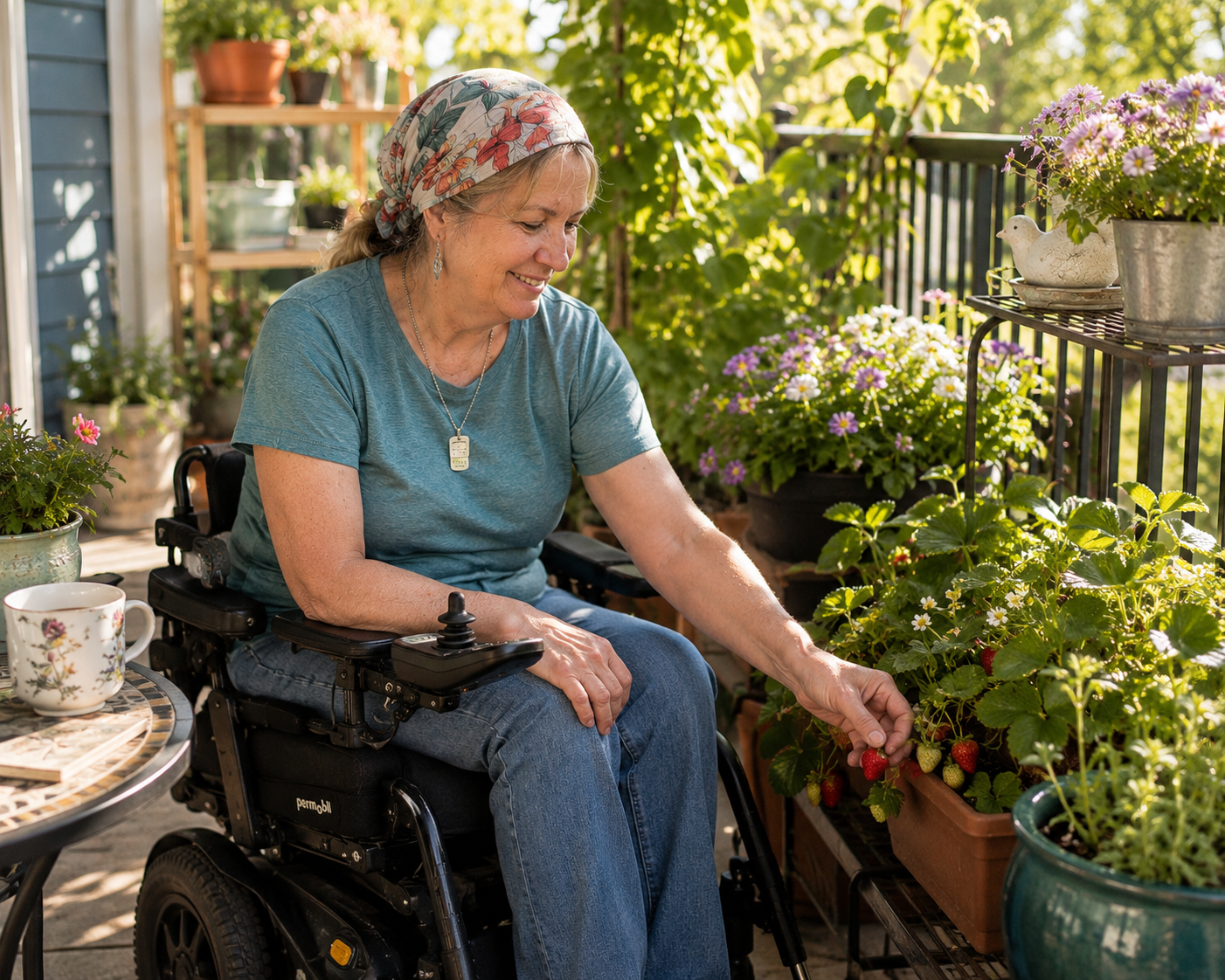Suzi tending ripe strawberries from her wheelchair among flowers and potted plants in the garden.