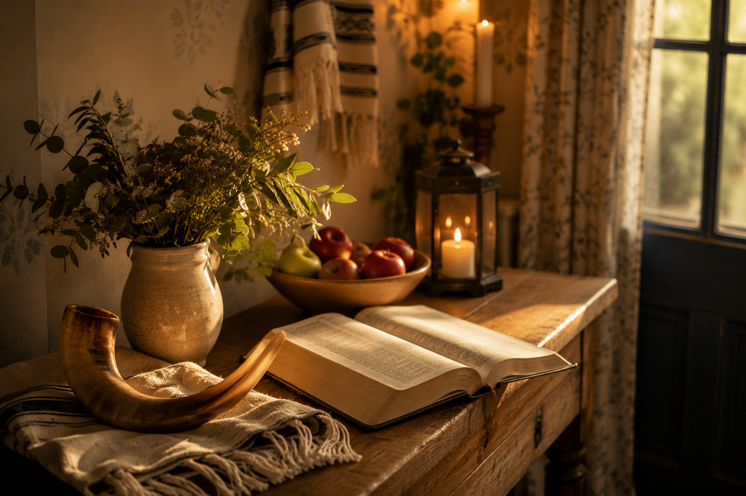 A counter is early morning light with a vase of flowers, a lantern,  a bowl of apples, an open bible, and a shofar on a cloth with tassels