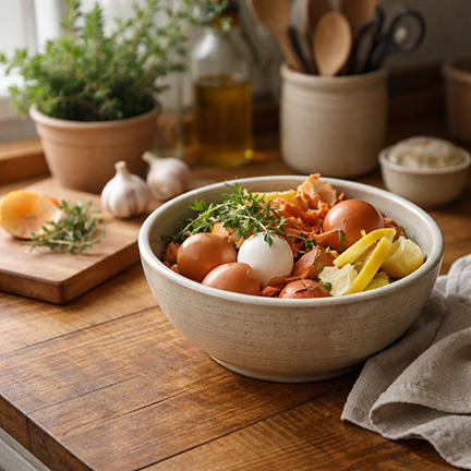A ceramic bowl with kitchen scraps on a rustic countertop with garlic, herbs, and utensils in the background