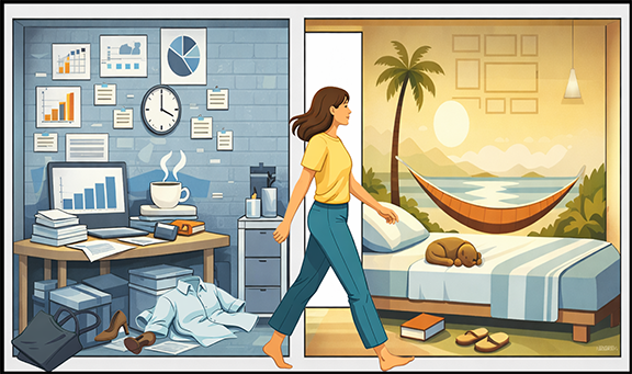 graphic image of woman leaving work and entering rest