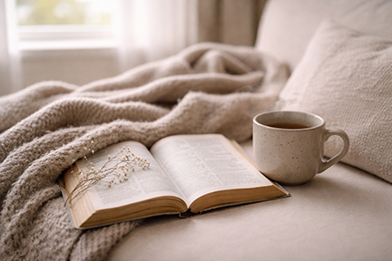 book, blanket, and cup