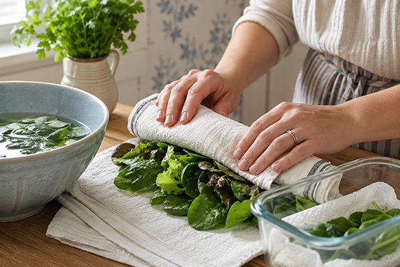 A bowl of water with fresh greens, a kitchen towel and two hands rolling the greens in the towel to dry them