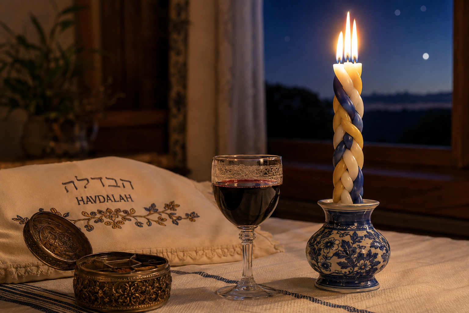 Havdalah candle, wine and spice box arranged on a table at night, marking the end of Shabbat and the return to the ordinary week.