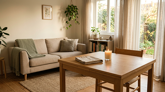A tidy living room with no clutter, a single candle on a table beside a folded cloth, and lots of light coming from windows